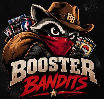 Booster Bandits logo: a raccoon outlaw in a cowboy hat and red bandana with a sack of cards